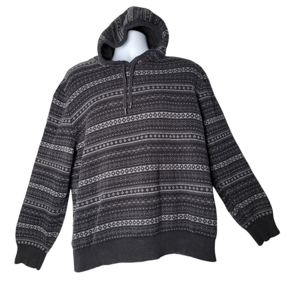 Izod Men's XXL Hoodie Sweater Black Gray Fair‎ Isle Cotton Knit Pullover Winter